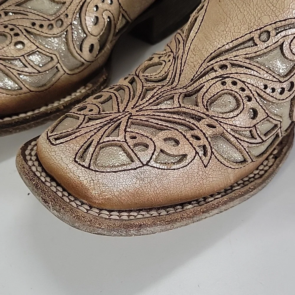 Girls Corral Tan Cut-Out Western Boots Sz 4.5